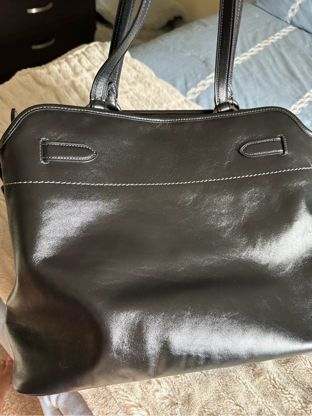 Coach Black Leather Double-Handle Tote with Logo Charm - Picture 7 of 8